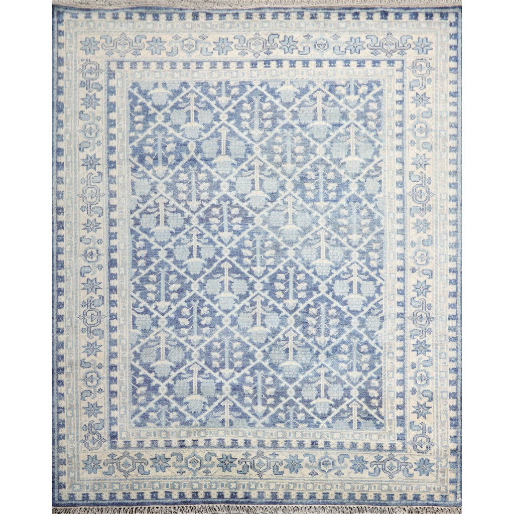 8x10 Blue Cream Gray Color Hand Knotted All-Over 100% Wool Transitional Oriental Rug