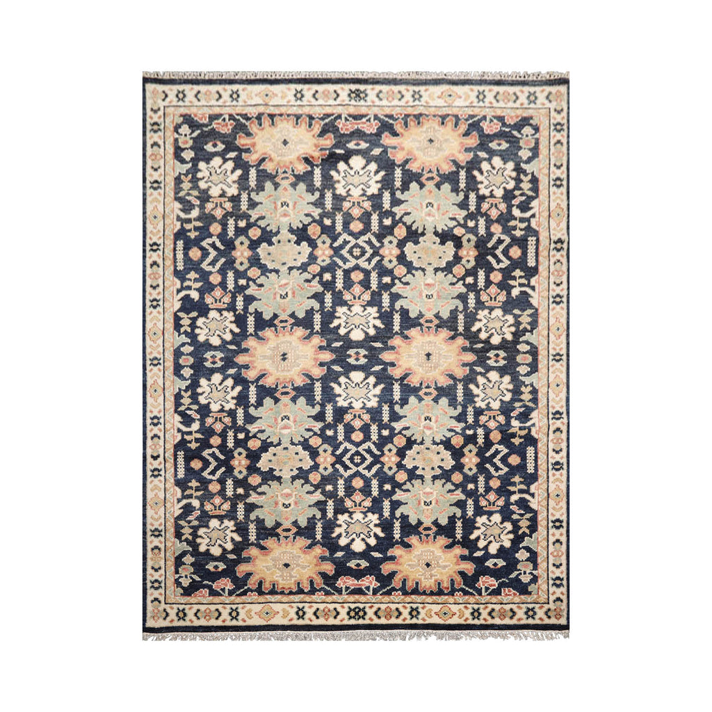 8x10 Navy, Beige, Mint Color Hand Knotted All-Over 100% Wool Transitional Oriental Rug