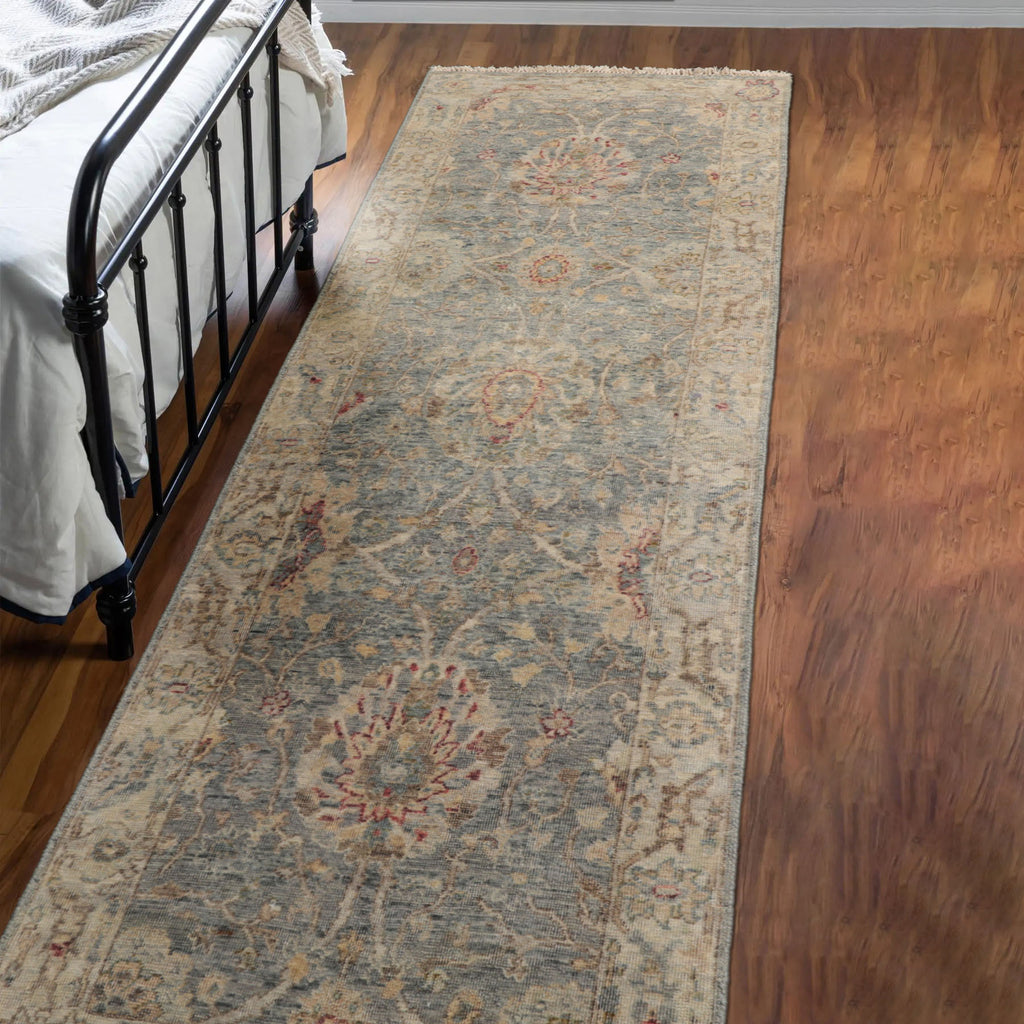 Runner Slate, Beige, Gold Color Hand Knotted Oushak 100% Wool Traditional Oriental Rug