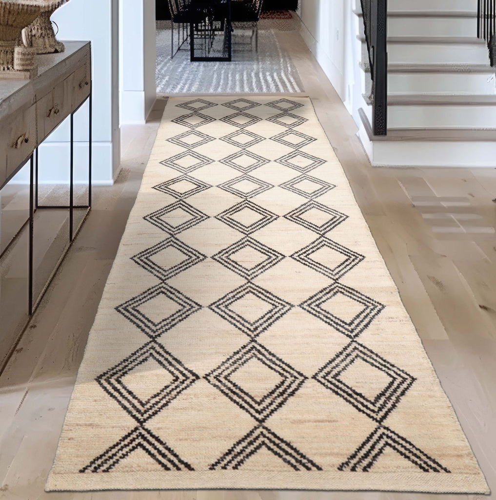 Runner Ivory, Black, Color Hand Knotted Afghan Moroccan Wool Modern & Contemporary Oriental Rug