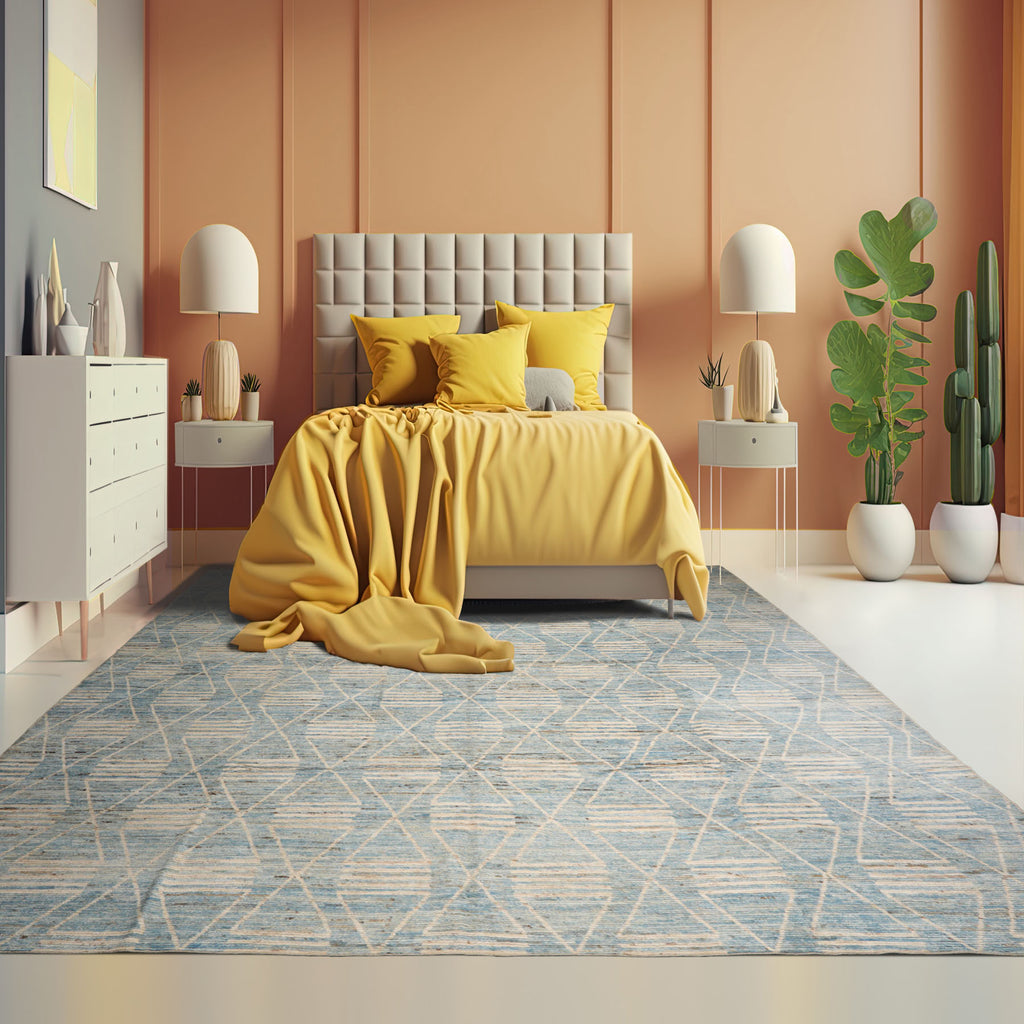 Oversize Blue, Beige, Brown Color Hand Knotted Afghan Moroccan Wool Modern & Contemporary Oriental Rug