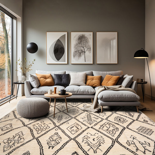 10x14 Ivory, Black, Color Hand Knotted Afghan Moroccan wool Modern & Contemporary Oriental Rug
