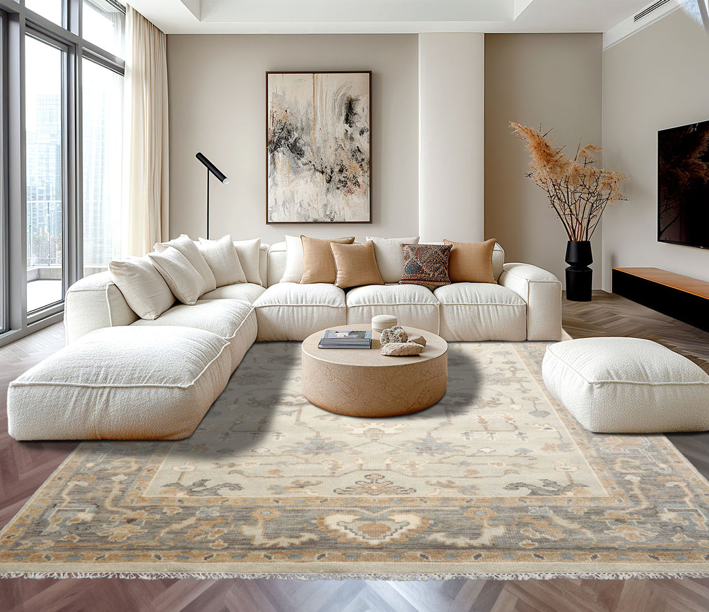 8x10 Gray, Beige, Tan Color Hand Knotted Turkish Oushak 100% Wool Traditional Oriental Rug