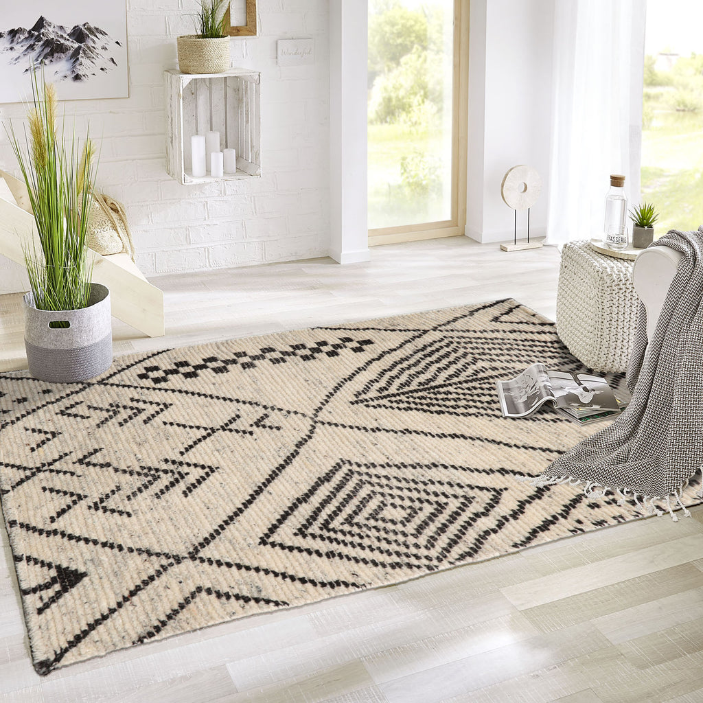 3x5 Ivory, Black, Color Hand Knotted Afghan Moroccan Wool Modern & Contemporary Oriental Rug