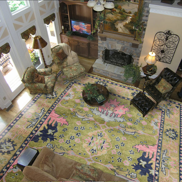 Multi Size Green Pink Navy Color Hand Knotted All-Over 100% Wool Traditional Oriental Rug
