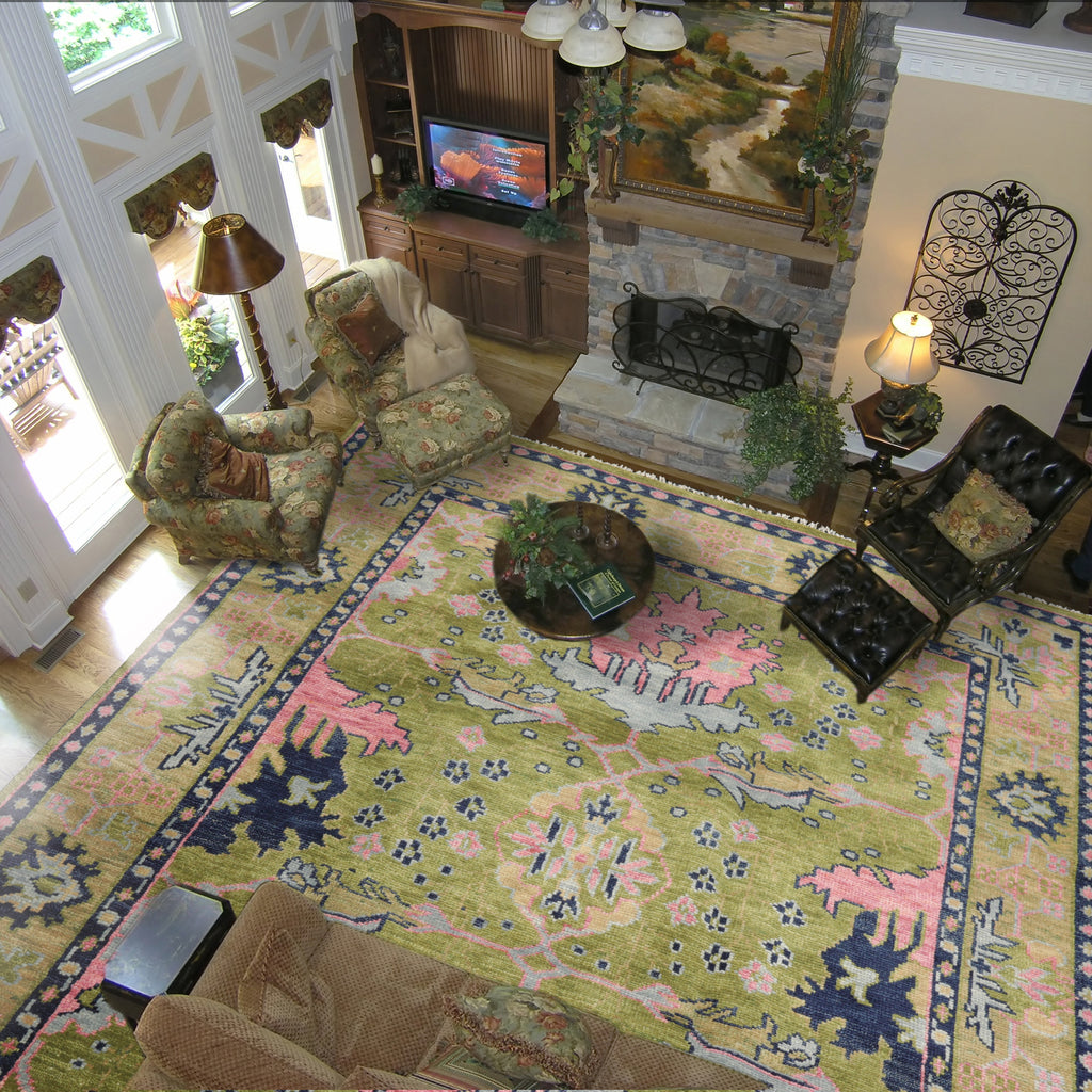 Multi Size Green Pink Navy Color Hand Knotted All-Over 100% Wool Traditional Oriental Rug