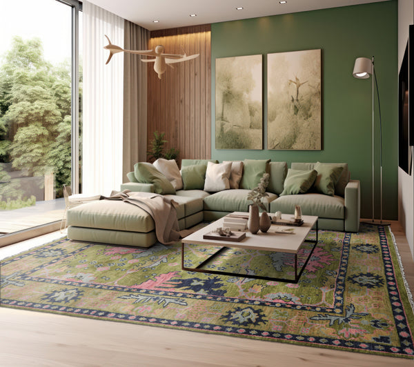 Multi Size Green Rust Navy Color Hand Knotted All-Over 100% Wool Traditional Oriental Rug