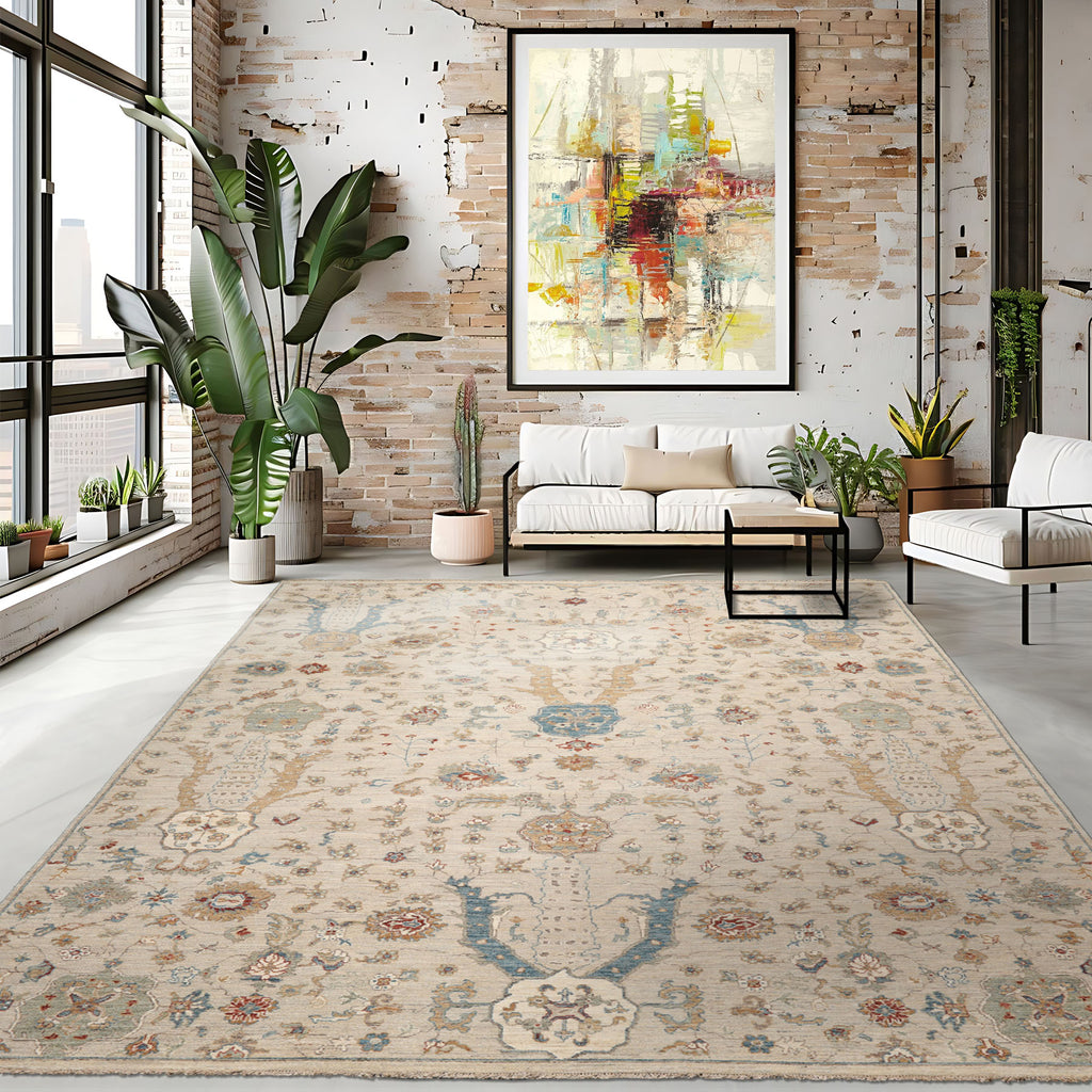 9x12 Beige, Peach, Aqua Color Hand Knotted Distressed Quality Wool Traditional Oriental Rug