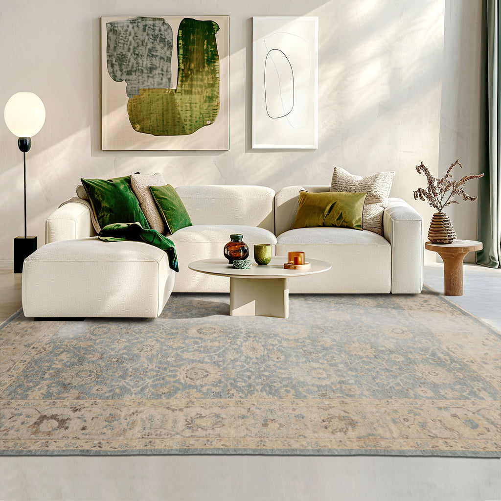 8x10 Blue, Beige, Tan Color Hand Knotted Distressed Quality Wool Traditional Oriental Rug