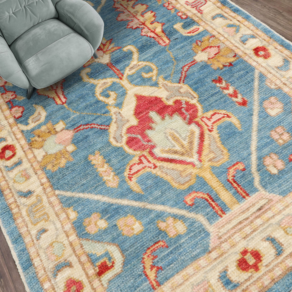 3x5 Blue, Beige, Gold Color Hand Knotted Turkish Oushak Wool Traditional Oriental Rug