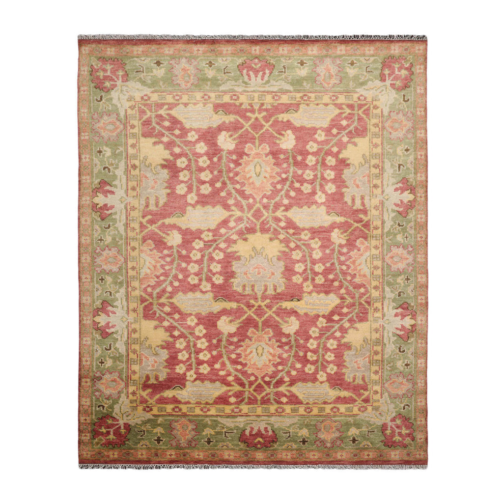 8x10 Raspberry, Green, Gold Color Hand Knotted All-Over 100% Wool Arts & Crafts Oriental Rug