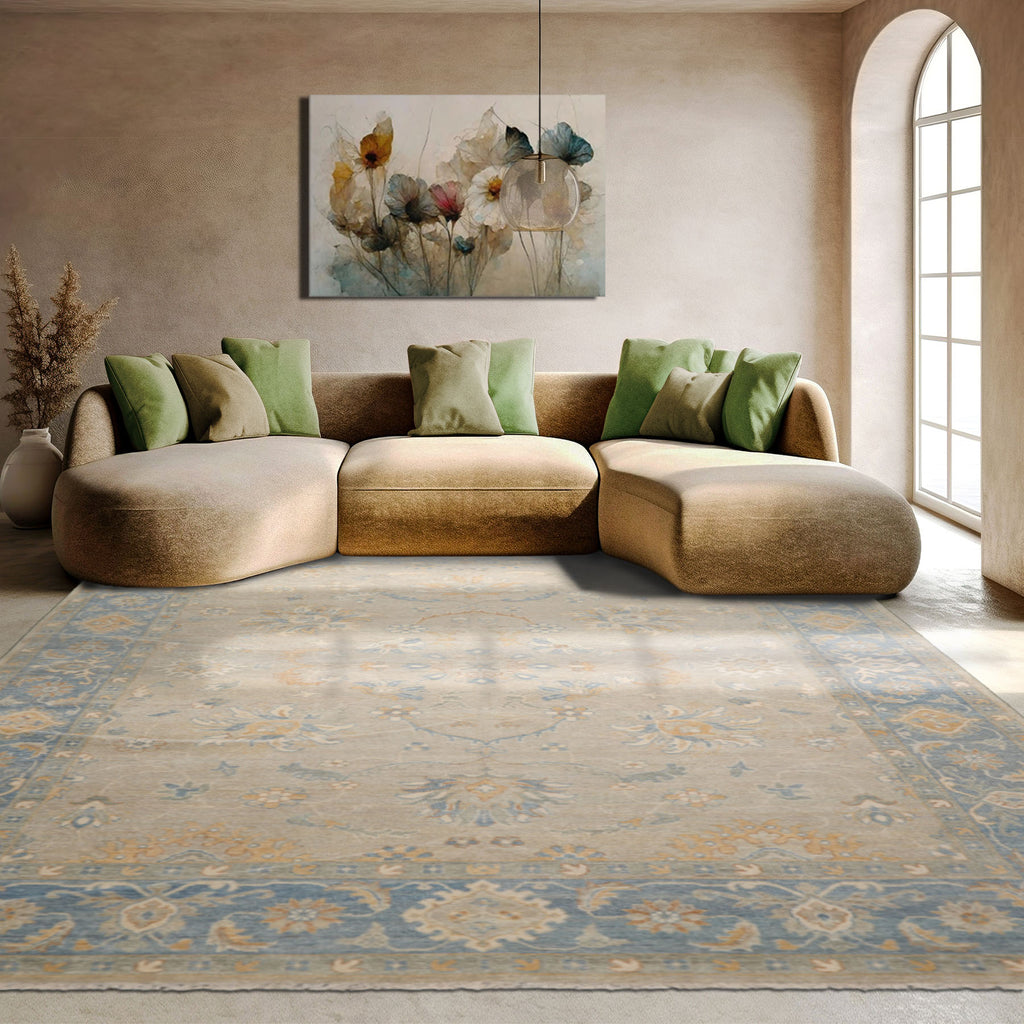9x12 Beige, Aqua, Caramel Color Hand Knotted Afghan Oushak Wool Traditional Oriental Rug