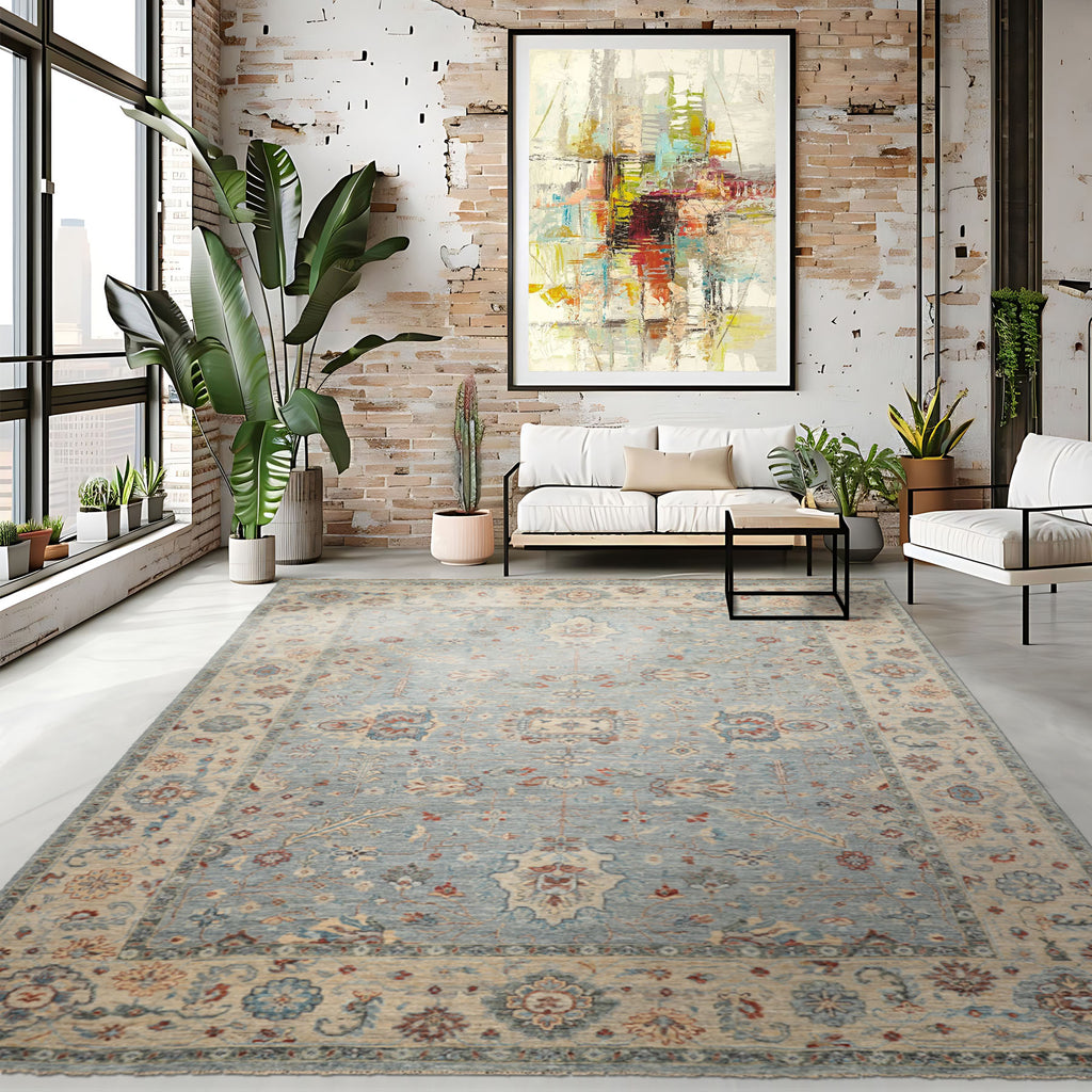 9x12 Blue, Tan, Rust Color Hand Knotted Khyber Wool Traditional Oriental Rug
