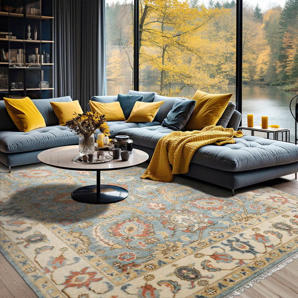 Multi Size Blue Ivory Light Gold Color Hand Woven All-Over Wool Transitional Oriental Rug