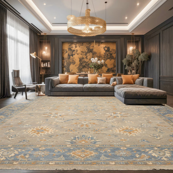 12x15 Gray, Beige, Blue Color Hand Knotted Afghan Oushak Wool Traditional Oriental Rug