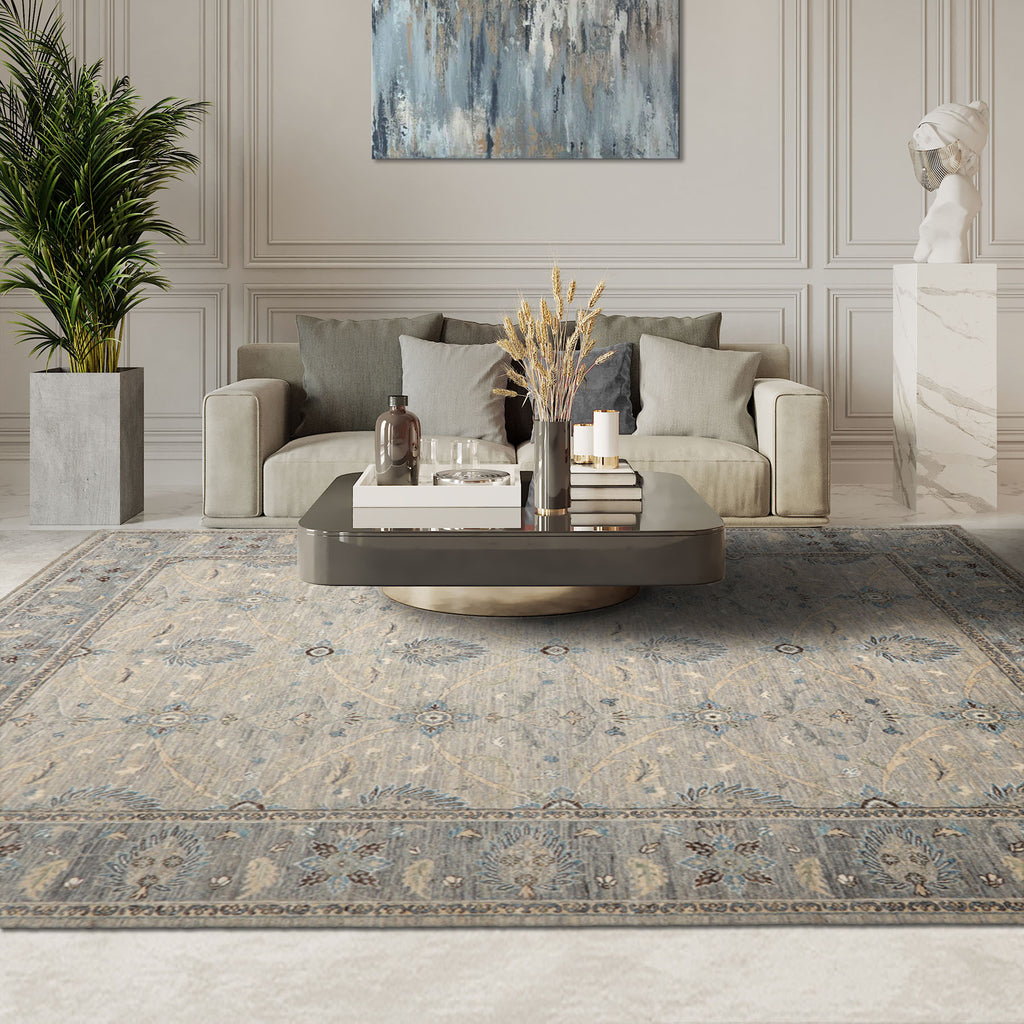 9X12 Gray Beige, Tan, Turquoise Color Hand Knotted Khyber Wool Traditional Oriental Rug