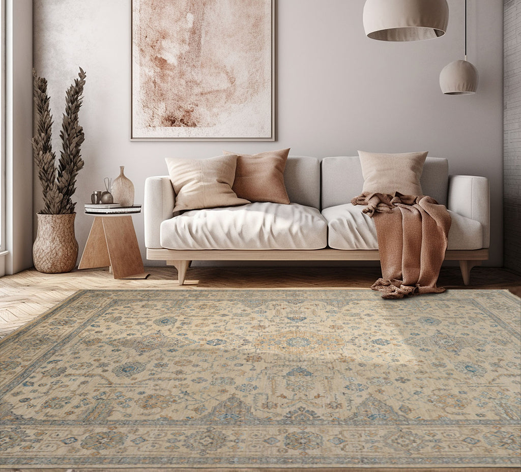 8x10 Beige, Gold, Aqua Color Hand Knotted Oushak Wool Traditional Oriental Rug