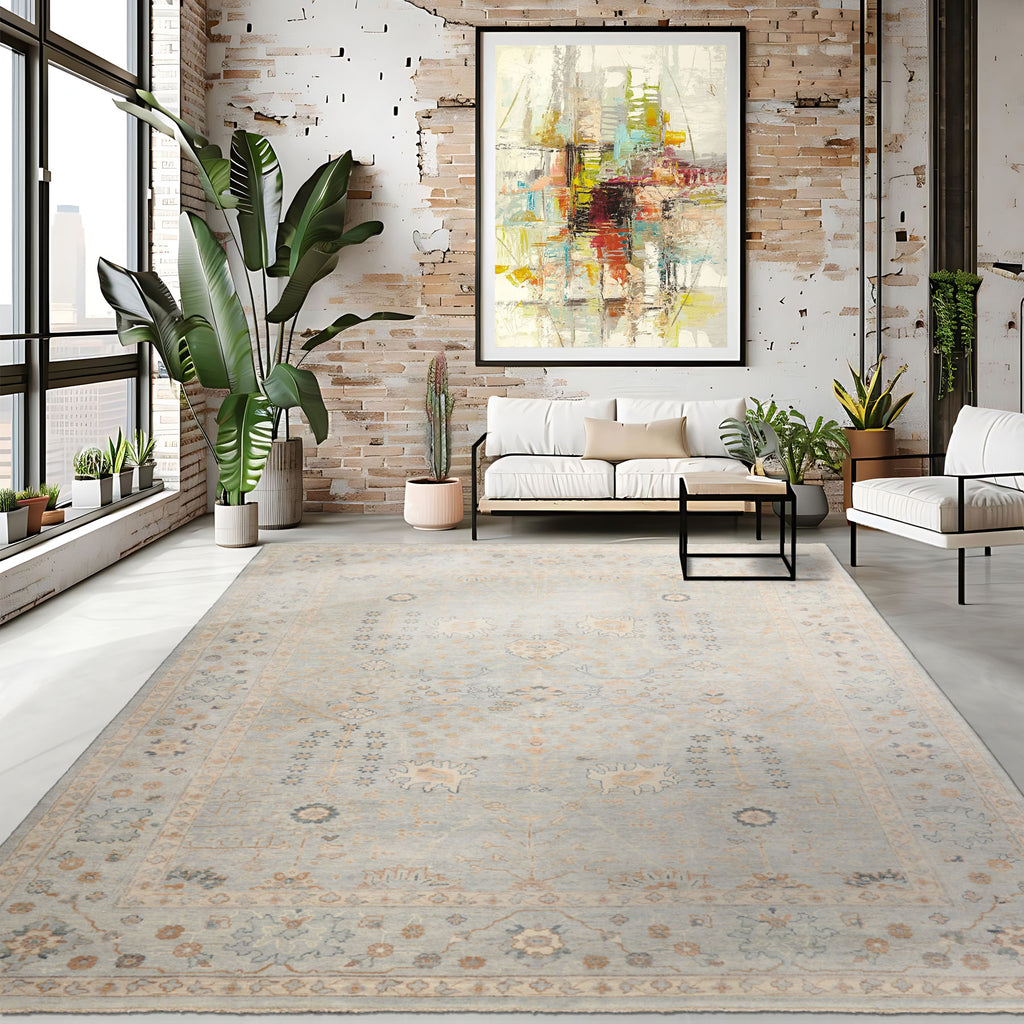 8x10 Mint, Beige, Gray Color Hand Knotted Afghan Oushak Wool Traditional Oriental Rug