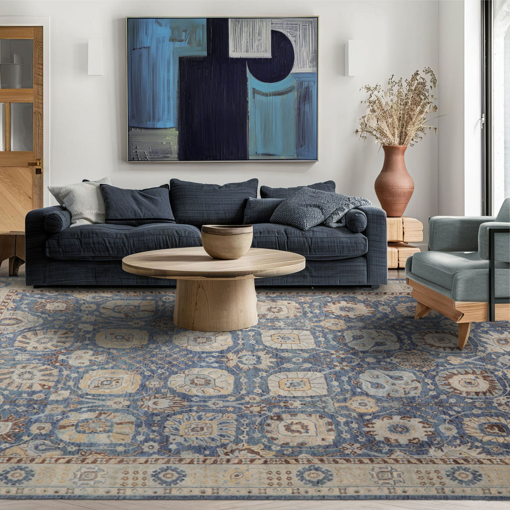 9x12 Blue, Gray, Beige Color Hand Knotted Distressed Wool Traditional Oriental Rug
