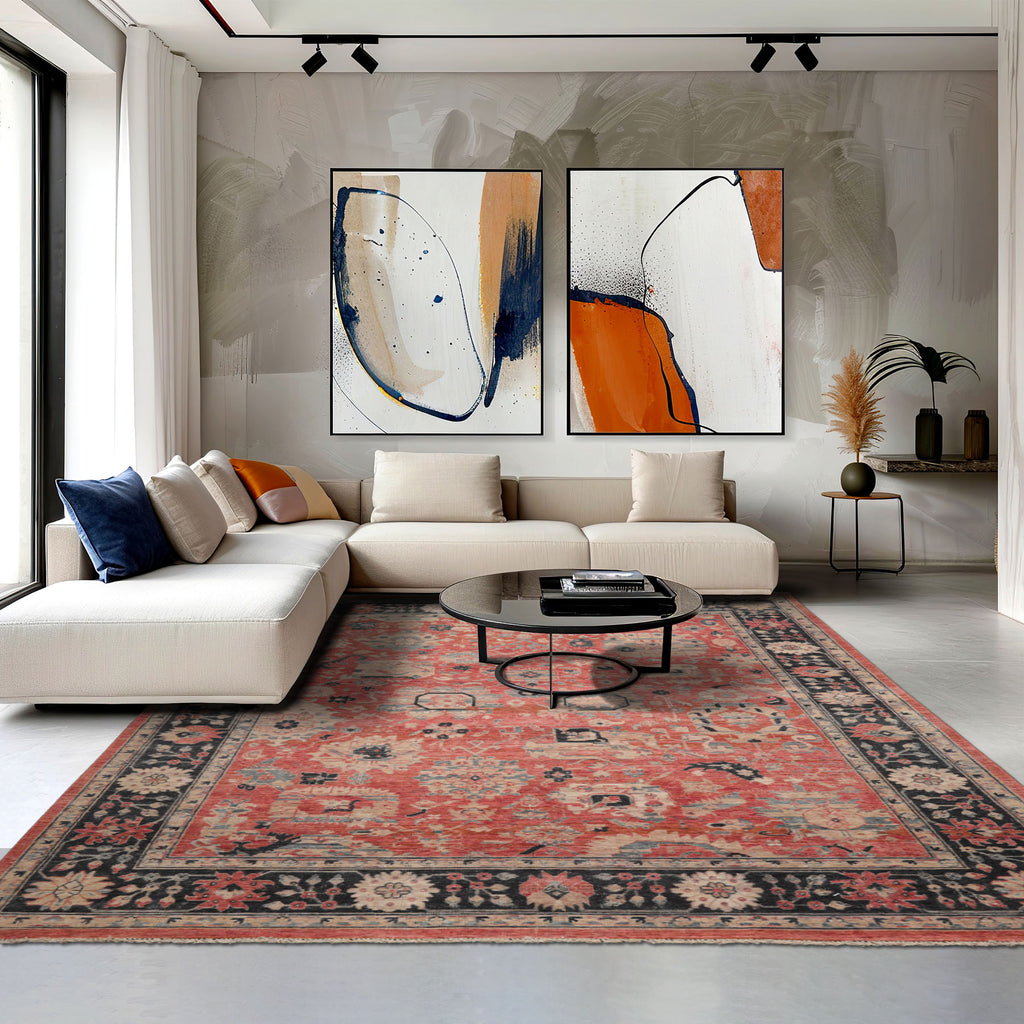 8x10 Coral, Charcoal, Beige Color Hand Knotted Distressed Wool Traditional Oriental Rug