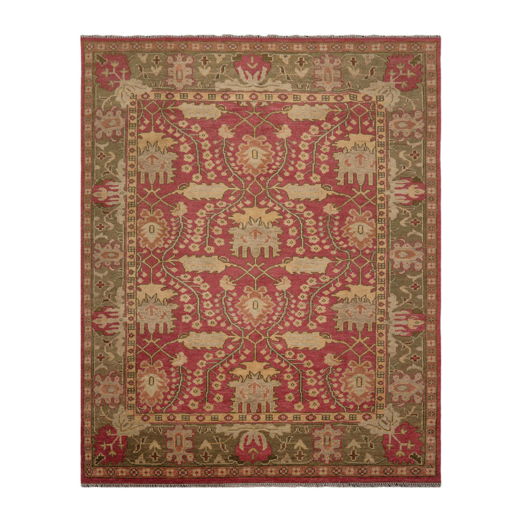 8x10 Raspberry, Sage, Peach Color Hand Knotted All-Over 100% Wool Traditional Oriental Rug