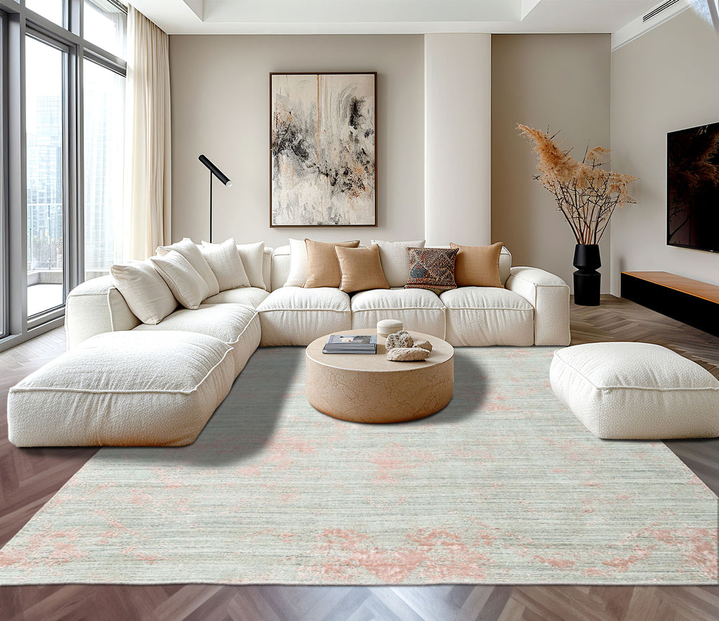 Multi Size Gray Blush Color Hand Knotted Oushak Wool/Bamboo Silk Transitional Oriental Rug
