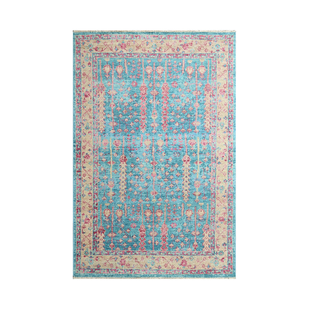 Multi Size Turquoise Light Gold Rose Color Hand Knotted All-Over 100% Wool Traditional Oriental Rug