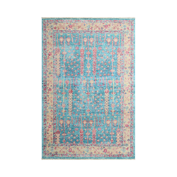 Multi Size Turquoise Light Gold Rose Color Hand Knotted All-Over 100% Wool Traditional Oriental Rug
