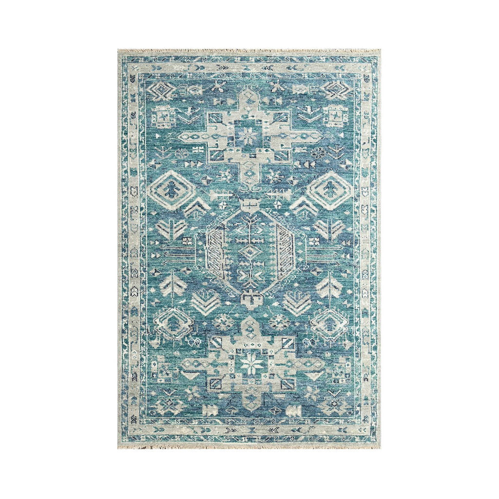 Runner Turquoise, Gray, Beige Color Hand Knotted All-Over 100% Wool Traditional Oriental Rug