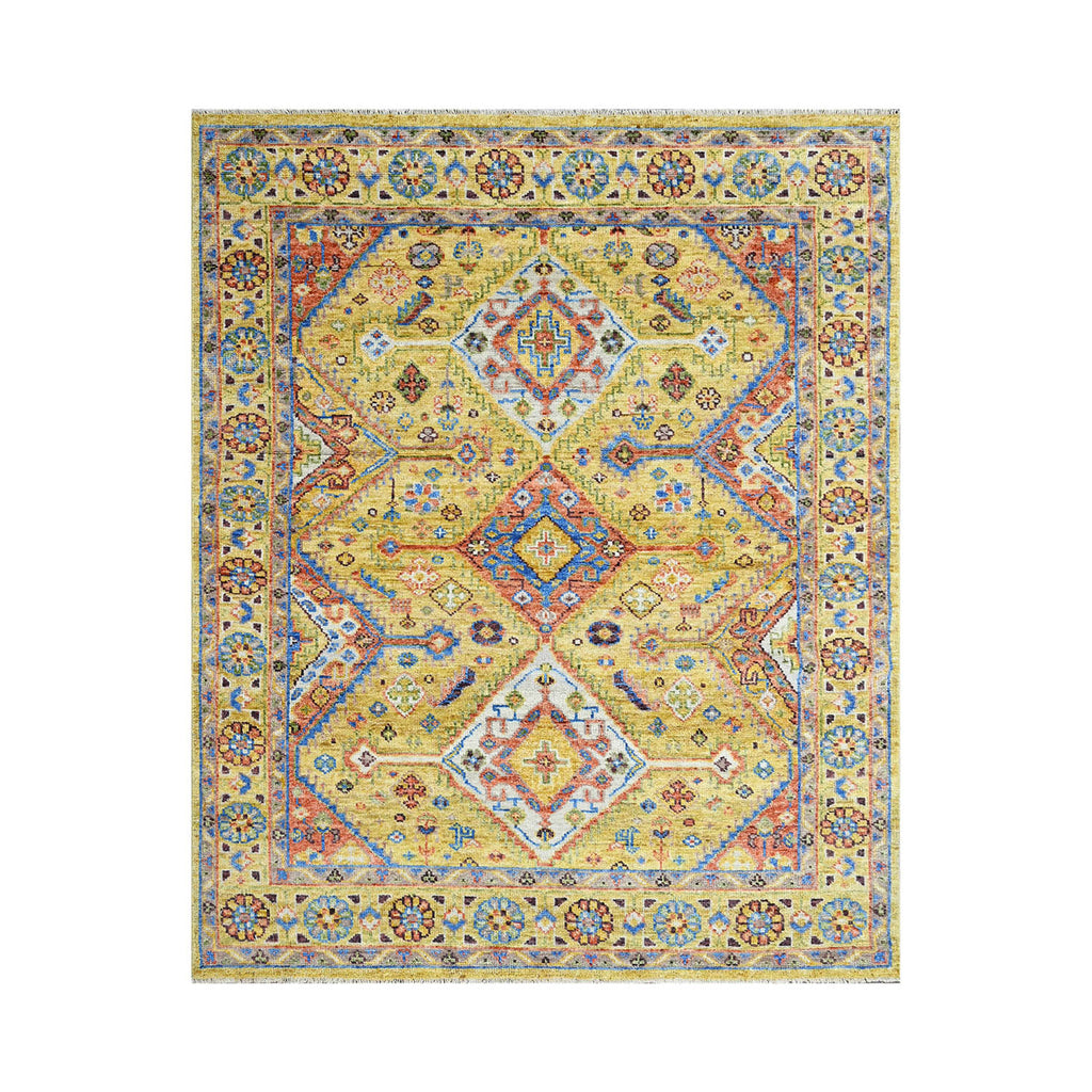 6x9 Gold Burnt Orange Blue Color Hand Knotted All-Over 100% Wool Traditional Oriental Rug