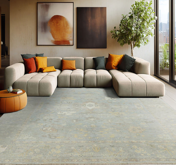 Multi Size Slate Gray Beige Color Hand Knotted Oushak 100% Wool Traditional Oriental Rug