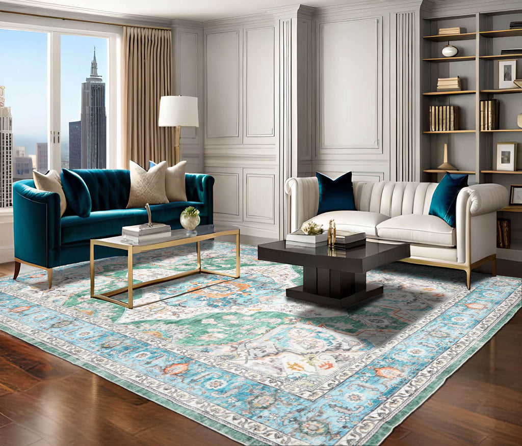 Multi Size Green Ivory Aqua Color Machine Made Washable Polyester Arts & Crafts. Mission Style Oriental Rug