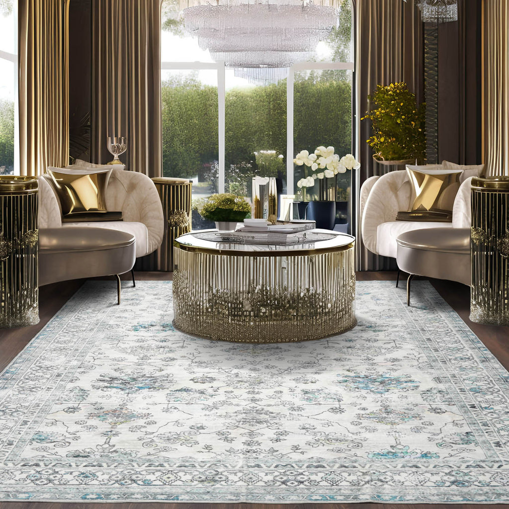 Multi Size Ivory Gray Aqua Color Machine Made Washable Polyester Traditional Oriental Rug