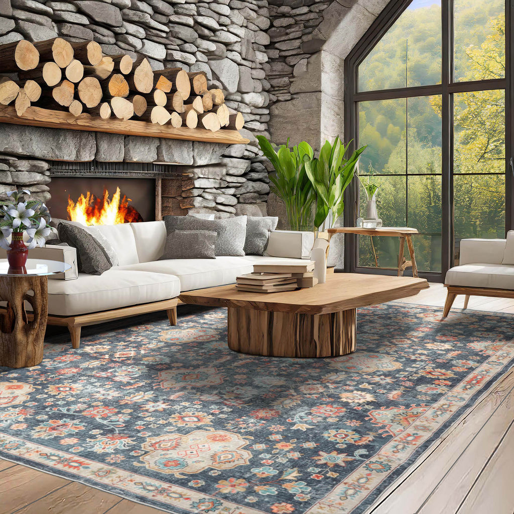 Multi Size Navy Beige Aqua Color Machine Made Washable Polyester Traditional Oriental Rug