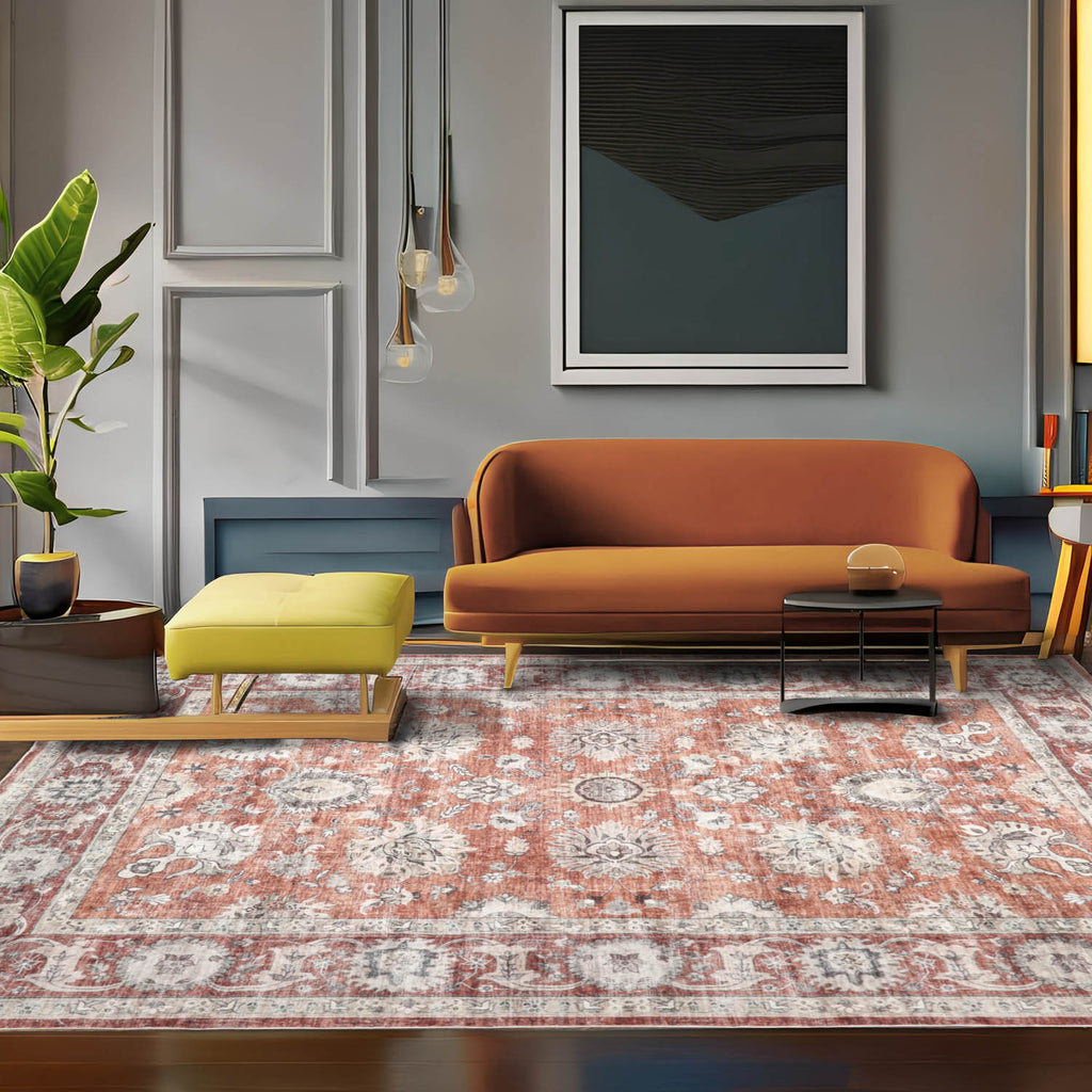 Multi Size Rust Beige Gray Color Machine Made Washable Polyester Traditional Oriental Rug