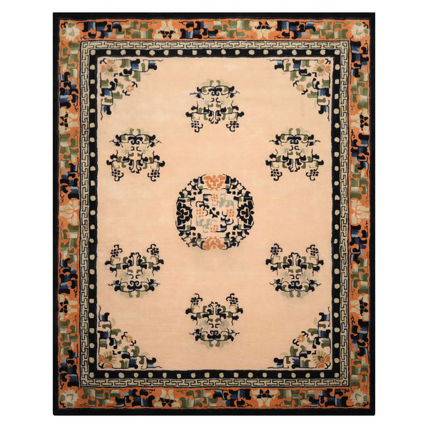 8x10 Beige with Peach Undertone Peach Black Color Hand Tufted Medallion New Zealand Wool  Oriental Rug