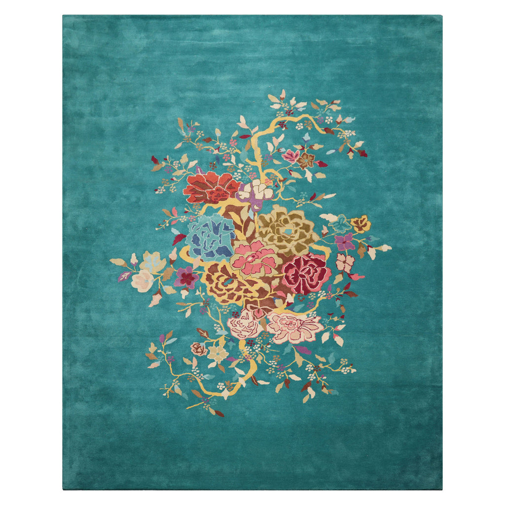 10x14 Turquoise Beige Gold Color Hand Tufted Floral New Zealand Wool  Oriental Rug