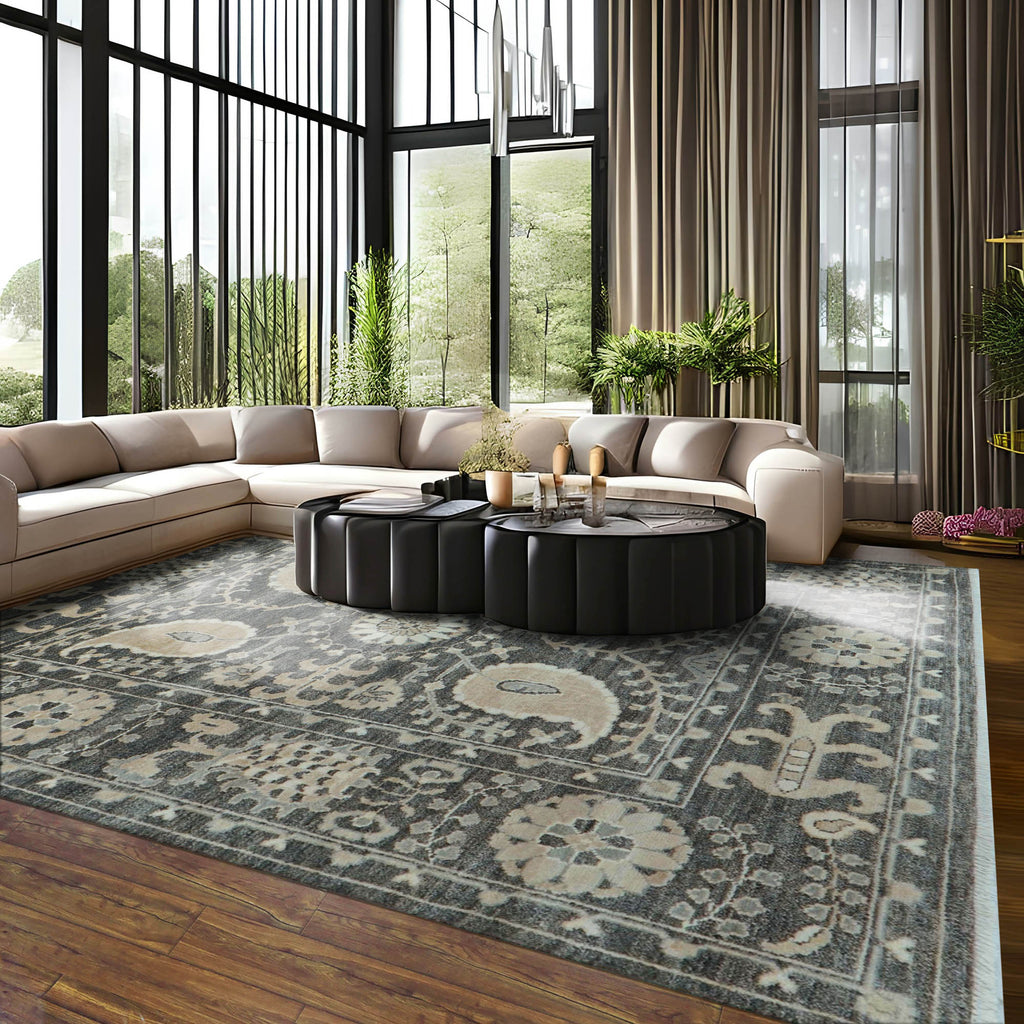 8x10 Slate, Beige, Ivory Color Hand Knotted Oushak Wool Transitional Oriental Rug