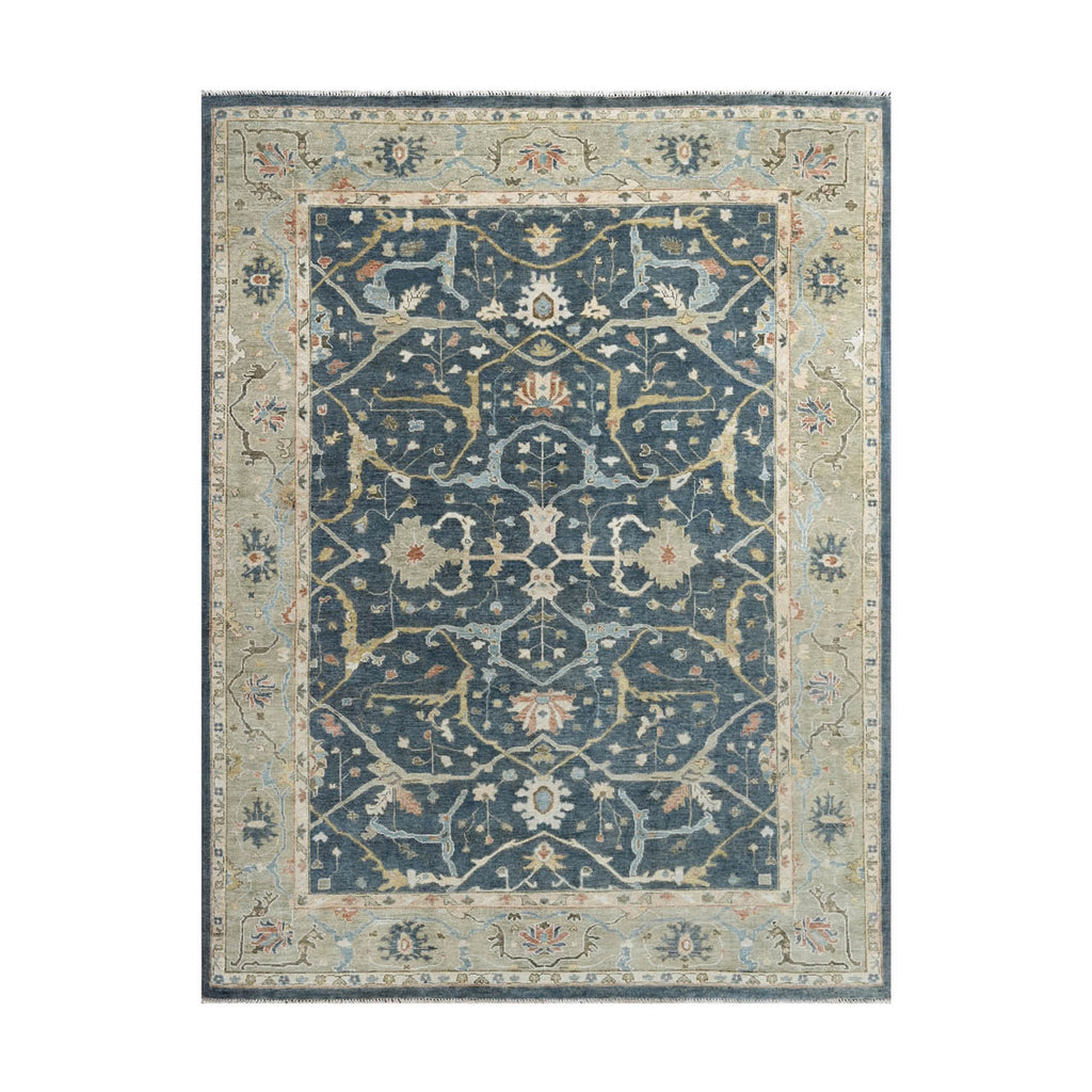 Multi Size Blue Moss Ivory Color Hand Knotted Oushak Wool Traditional Oriental Rug
