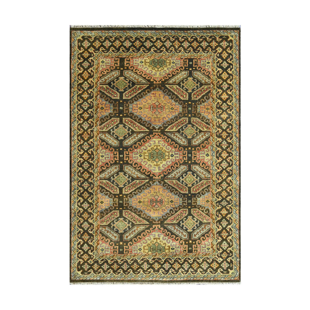 6x9 Gold, Forest Green, Peach Color Hand Knotted Transitional Wool Transitional Oriental Rug