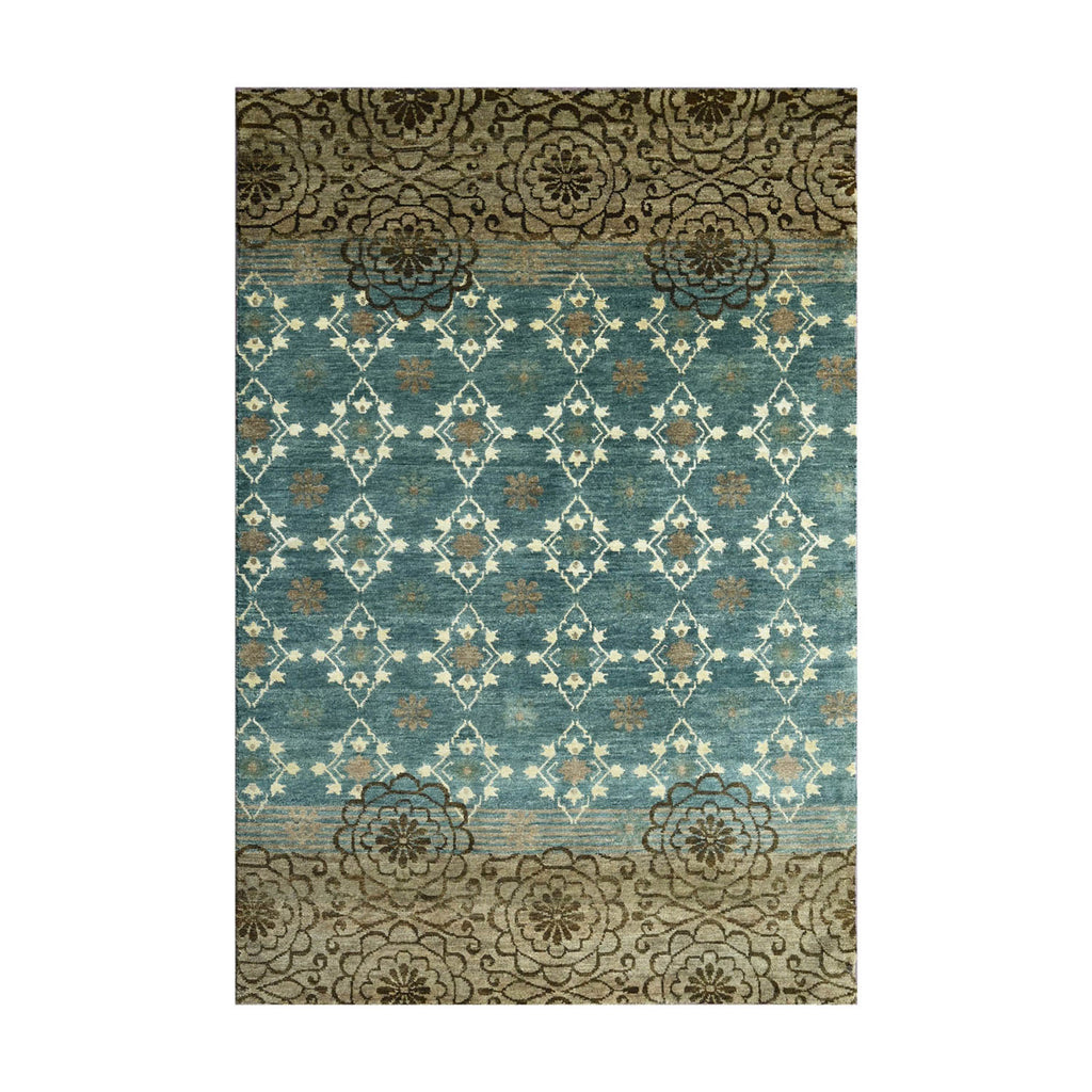 4x6 Teal, Tan, Ivory Color Hand Knotted Transitional Wool Transitional Oriental Rug