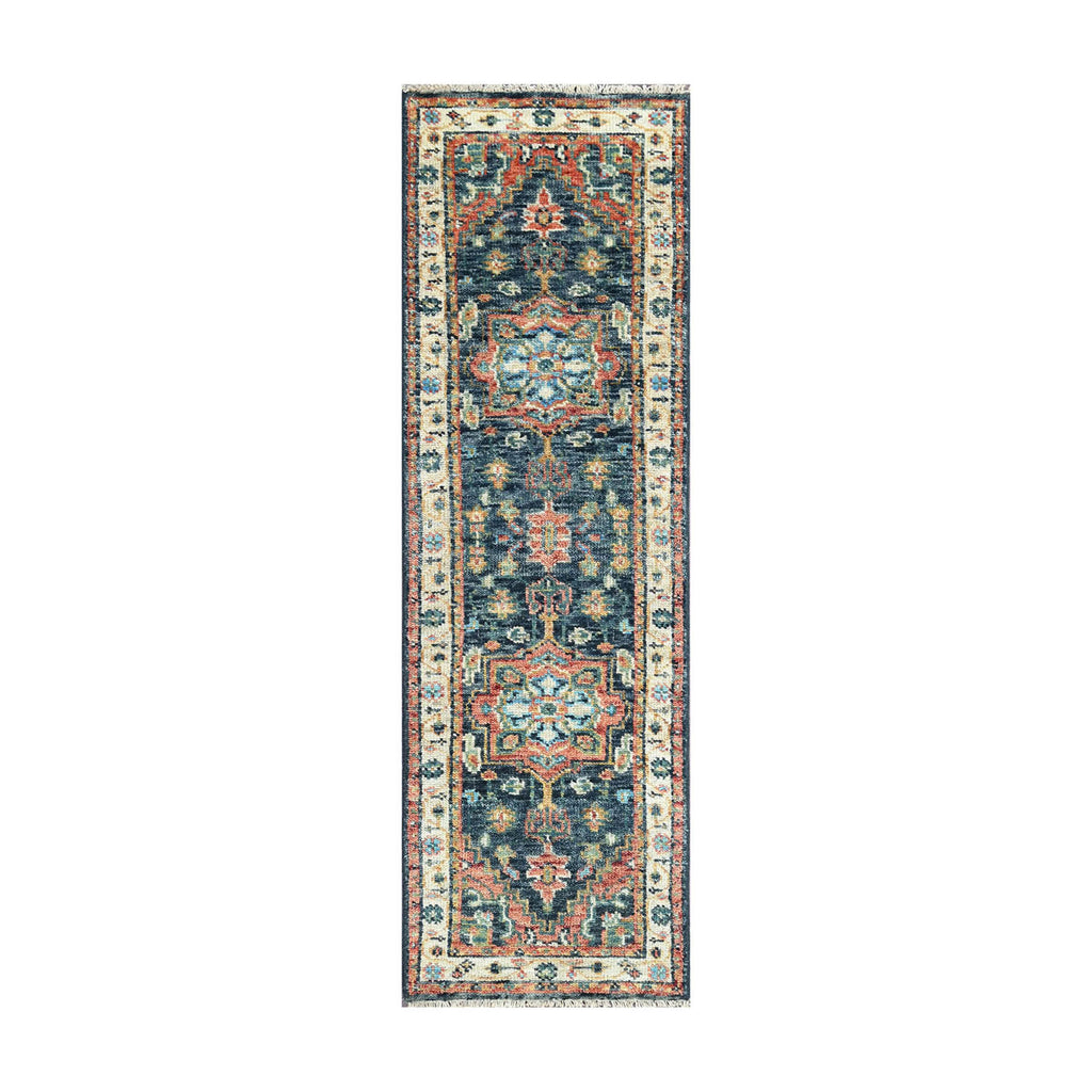 Multi Size Navy Ivory Brunt Orange Color Hand Knotted Oushak Wool Traditional Oriental Rug