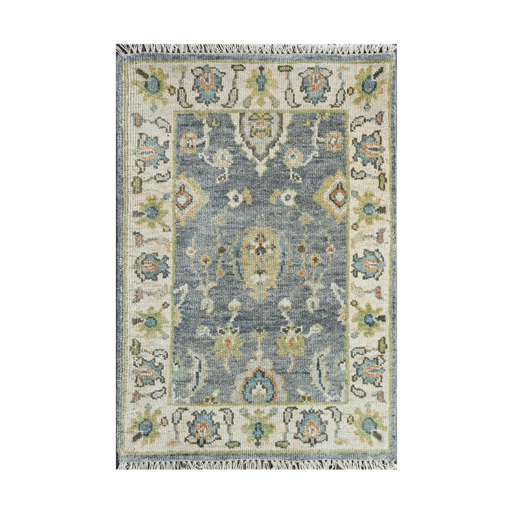 2x3 Blue, Tan, Beige Color Hand Knotted Oushak Wool Traditional Oriental Rug