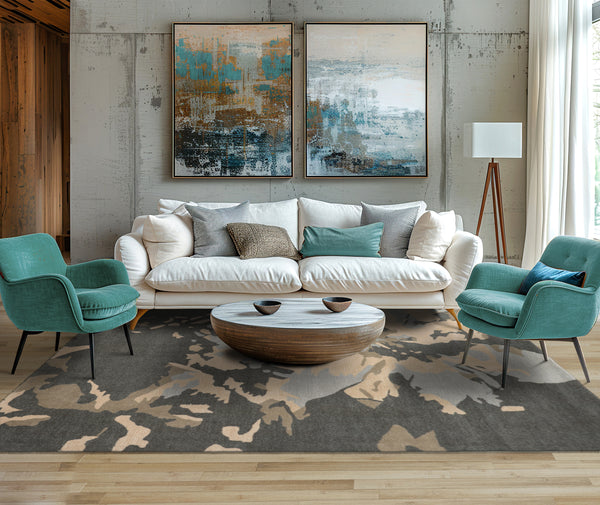 Multi Size Slate Gray Tan Brown Color Hand Tufted Abstract Wool and Bamboo Silk Modern Oriental Rug