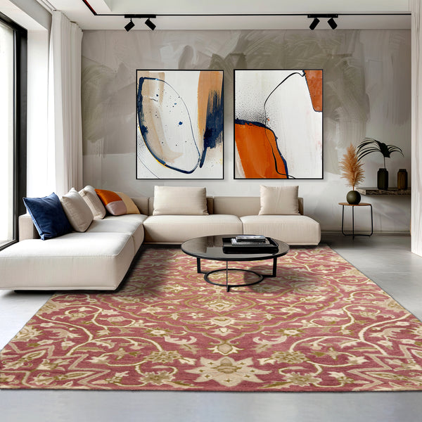 Multi Size Pomegranate Ivory Beige Color Hand Tufted Floral Wool Transitional Oriental Rug
