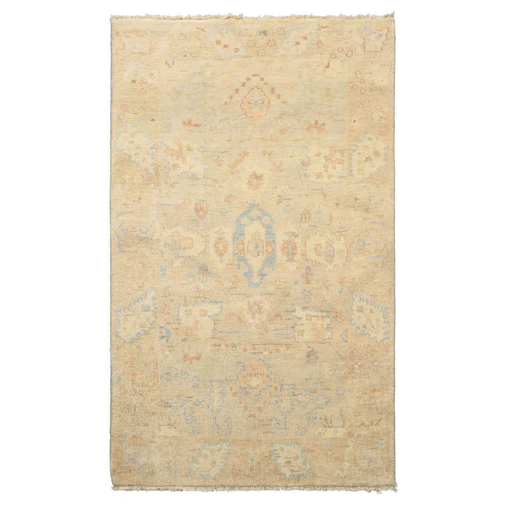 3x5 Beige, Ivory, Aqua Color Hand Knotted Oushak Wool Transitional Oriental Rug