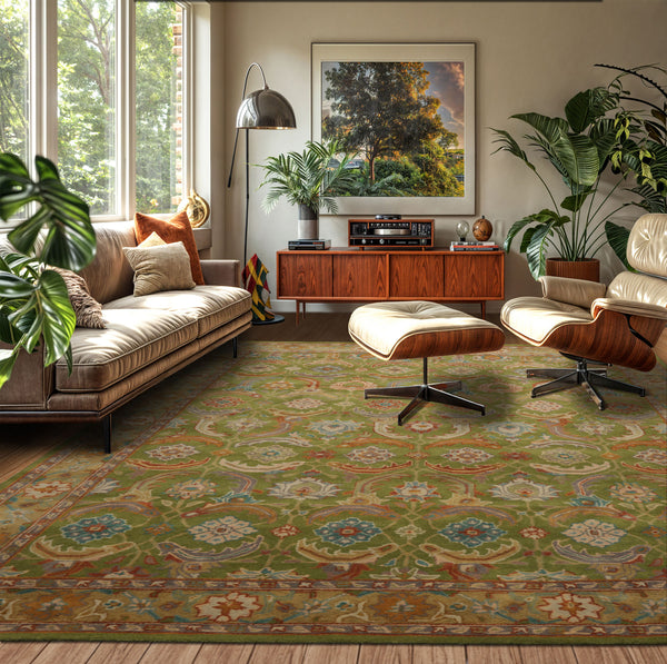 9x12 Green Tan Burnt Orange Color Hand Tufted Oriental Wool Traditional Oriental Rug