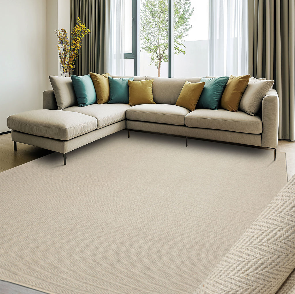 5x7 Beige Ivory Color Hand Woven Herringbone New Zealand Wool Contemporary Oriental Rug