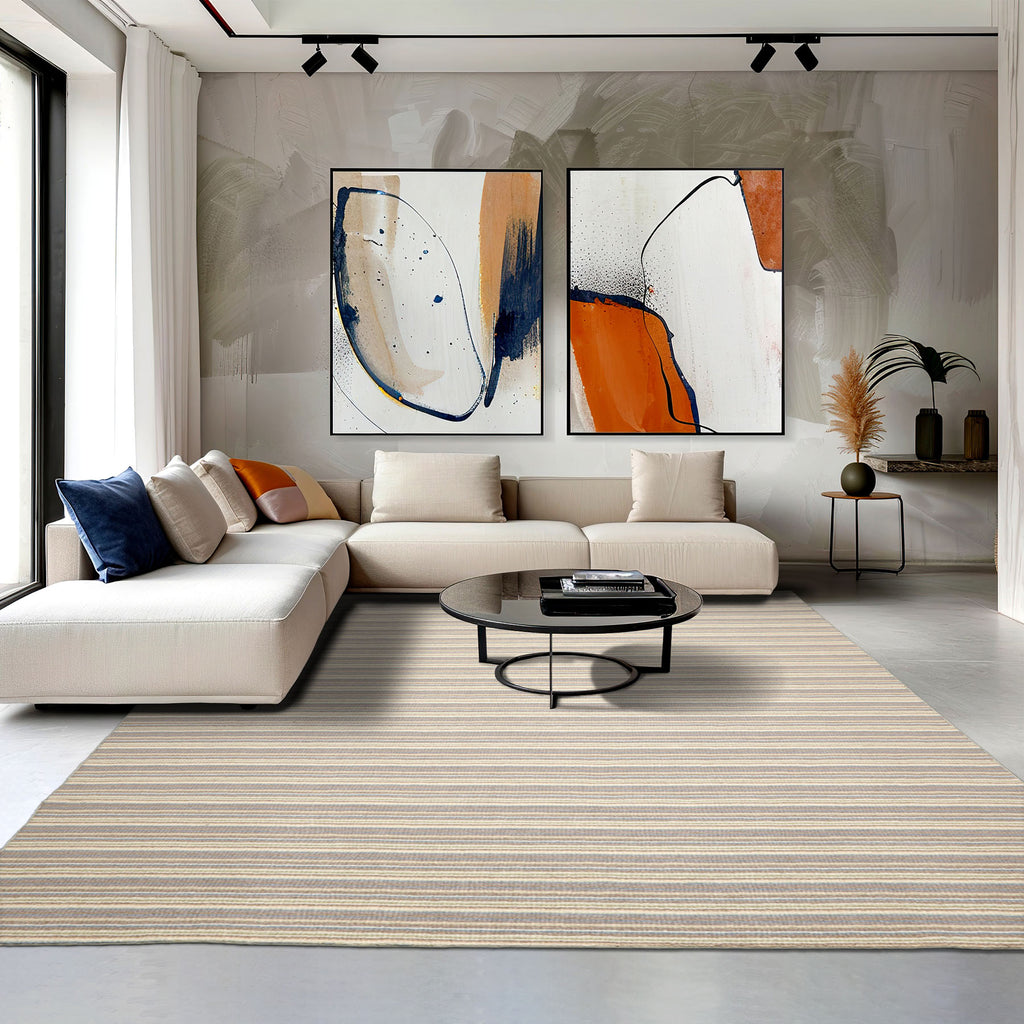 Multi Size Ivory Taupe Blue Color Hand Tufted Striped New Zealand Wool Contemporary Oriental Rug