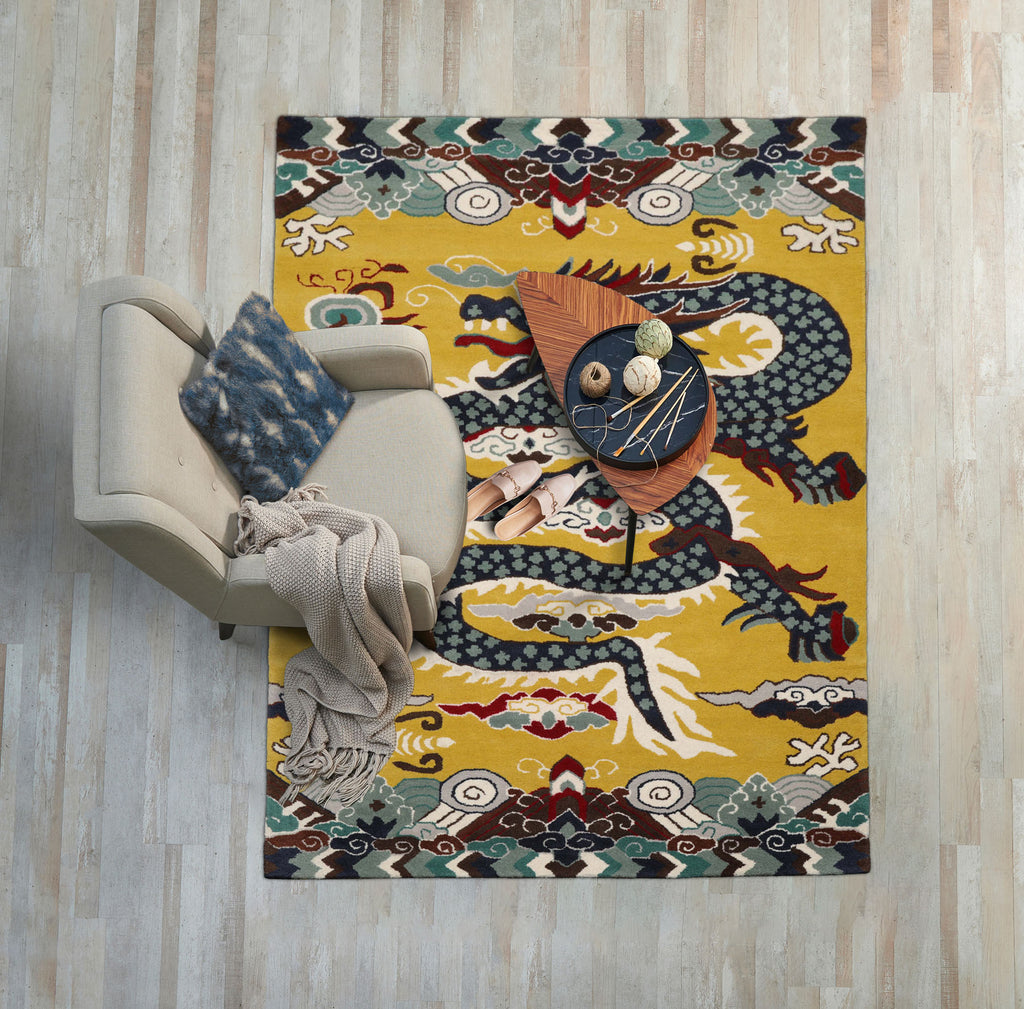 loomBloom Citrus Green Hand Tufted 3x5 Pictorial Transitional Chinese Art Deco Dragon & Phoenix Wool Oriental Area Rug